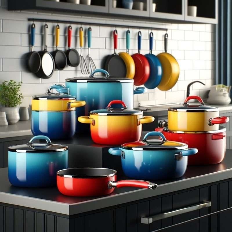 Various colors and types of pots and pans Various types and colors of KItchen pots and pans