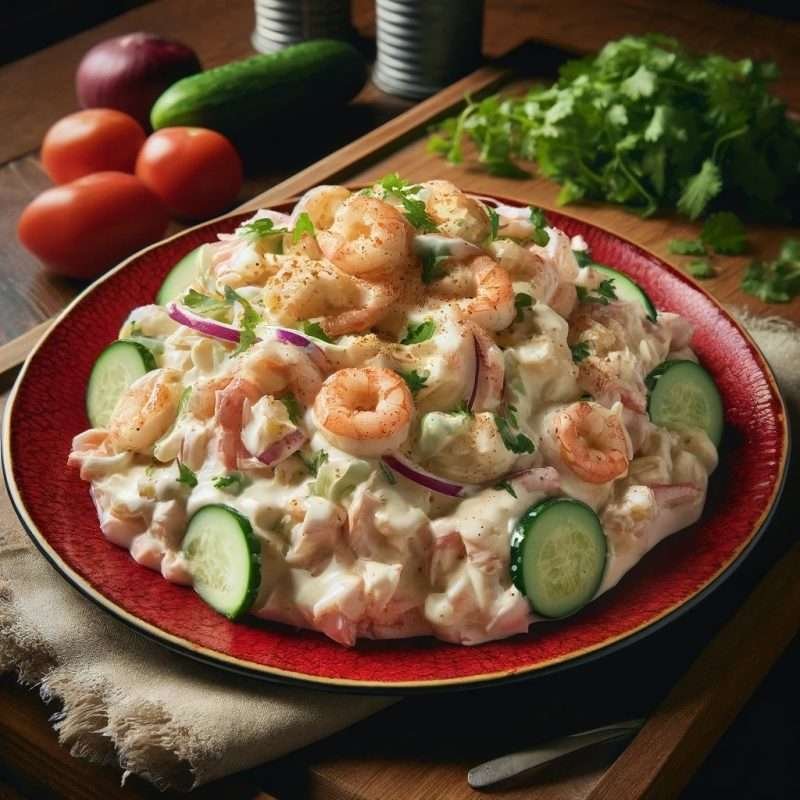 A refreshing seafood salad with shrimp, cucumber, and red onion, garnished with parsley on a vibrant red plate