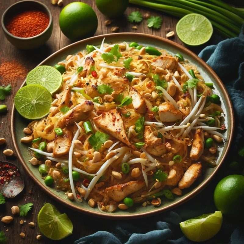 Savory Chicken Pad Thai garnished with lime wedges, bean sprouts, and cilantro on a ceramic plate