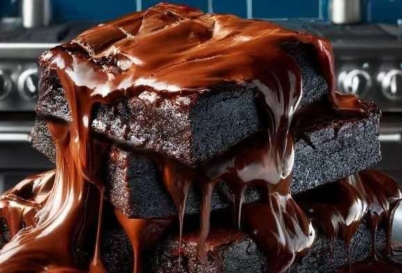 Decadent Midnight Swirl Cocoa Brownies with a glossy chocolate ganache, set against a cosmic backdrop.
