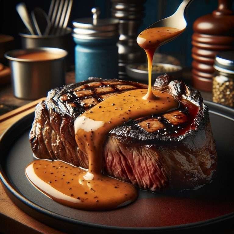 Juicy sirloin fillet steak grilled to perfection, served on a plate with herbs and spices and a drizzle of zip Sauce