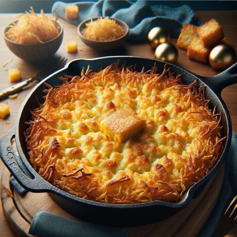 Baked Hash Brown Casserole in a cast-iron skillet with a crispy cheese topping and golden edges