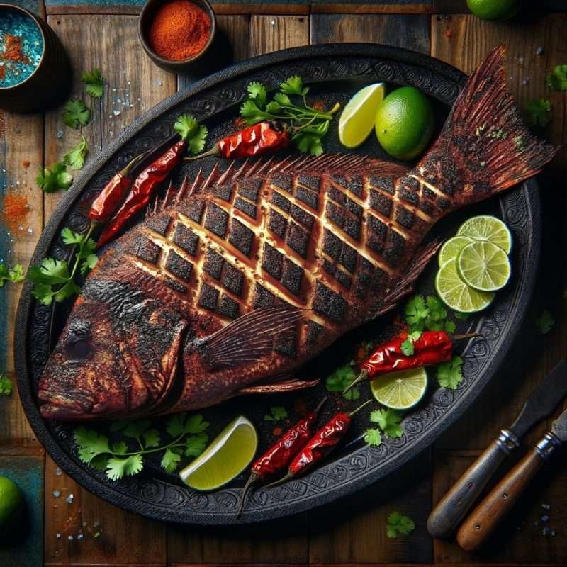 Grilled blackened red snapper on a plate with charred lime and chili peppers, garnished with fresh herbs