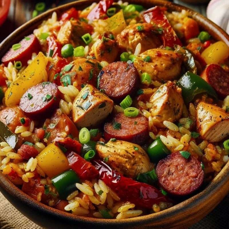 Colorful jambalaya with andouille sausage, bell peppers, and rice in a hearty Cajun-spiced tomato base