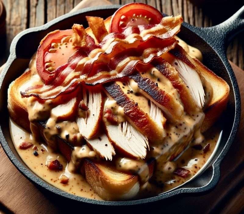 Classic Kentucky Hot Brown sandwich with sliced turkey, crispy bacon, and rich Mornay sauce on toasted bread