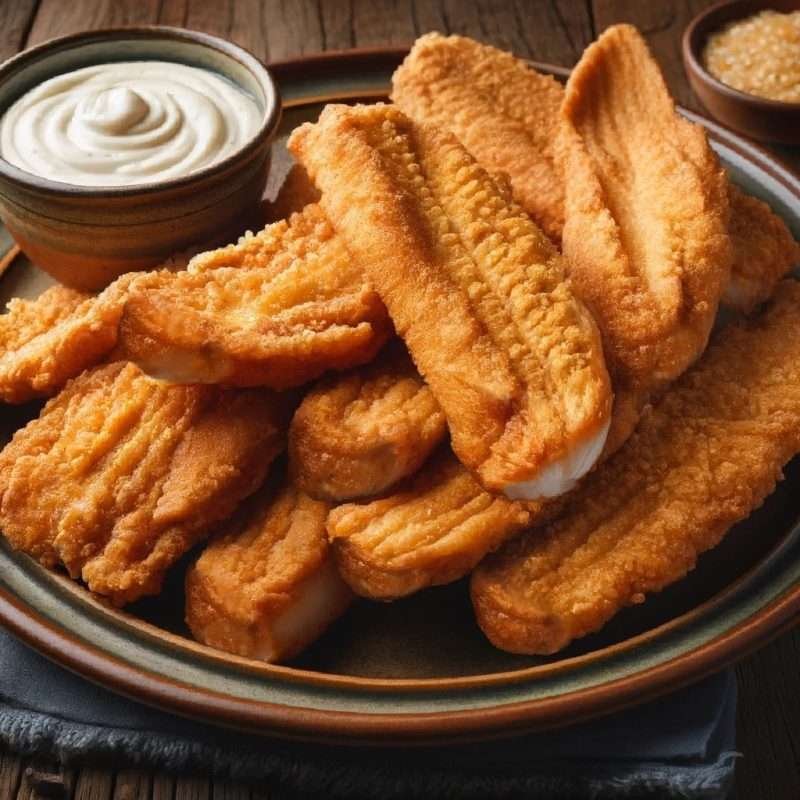 Crispy Southern fried catfish fillets served with a side of creamy tartar sauce on a rustic plate.