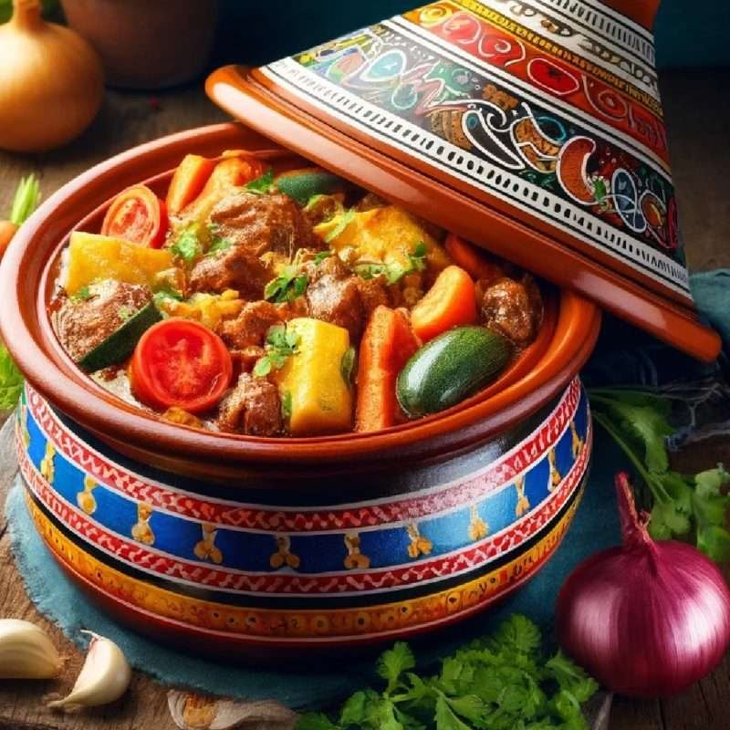 A colorful and aromatic African tagine, brimming with tender meat and vegetables, beautifully presented in a traditional ceramic pot with intricate designs