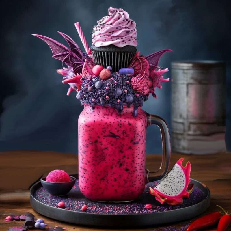 Overindulgent Dragon Fruit Milkshake in a Mason jar, overflowing with pink and purple whipped cream, topped with a pink cupcake and sprinkles