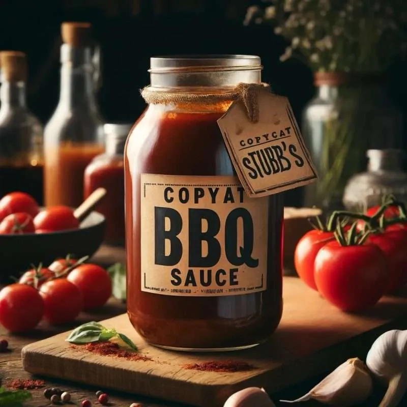  Homemade Copycat Stubb’s BBQ Sauce in a jar, surrounded by ingredients like tomatoes and garlic on a rustic kitchen table.