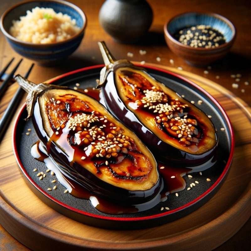 Grilled eggplant halves glazed with a rich, dark Hatcho miso sauce, sprinkled with sesame seeds, served on a black plate