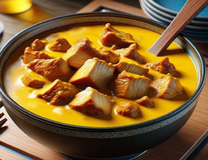 A hearty bowl of Curry Roasted Pork with chunks of meat and vibrant yellow sauce on a wood table, garnished with herbs.