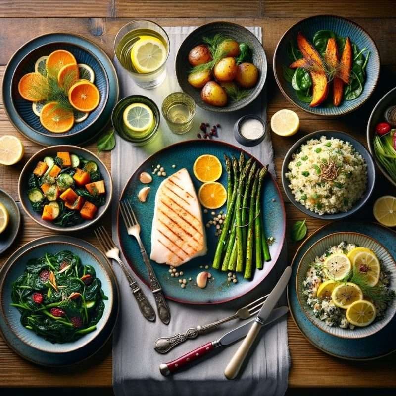 An array of vibrant dishes including grilled fish with citrus slices, roasted baby potatoes, sautéed greens with cherry tomatoes, glazed carrots, and a bowl of herbed rice, artfully presented on blue-toned ceramic plates set on a walnut wood table, suggesting a health-conscious feast.