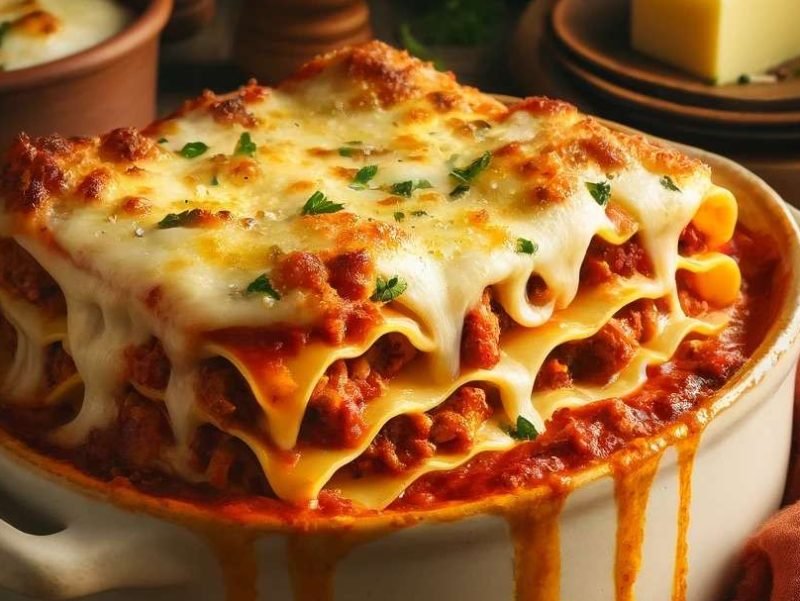 Hearty and delicious classic lasagna oozing with layers of cheese, meat sauce, and pasta, garnished with fresh basil