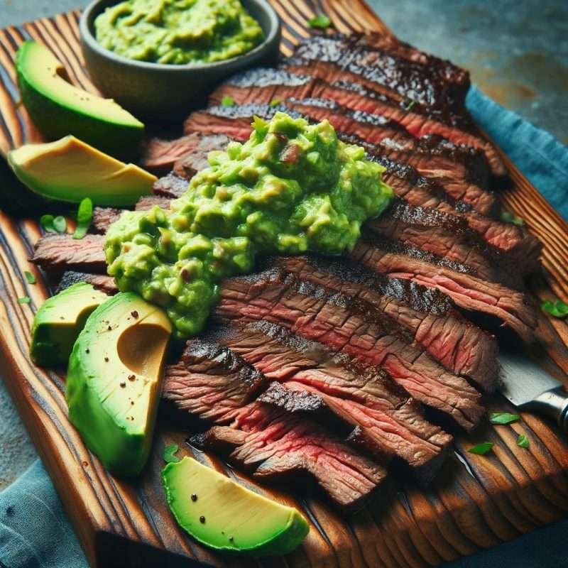 Grilled skirt steak on a black plate, topped with herbs and garlic, served alongside roasted vegetables