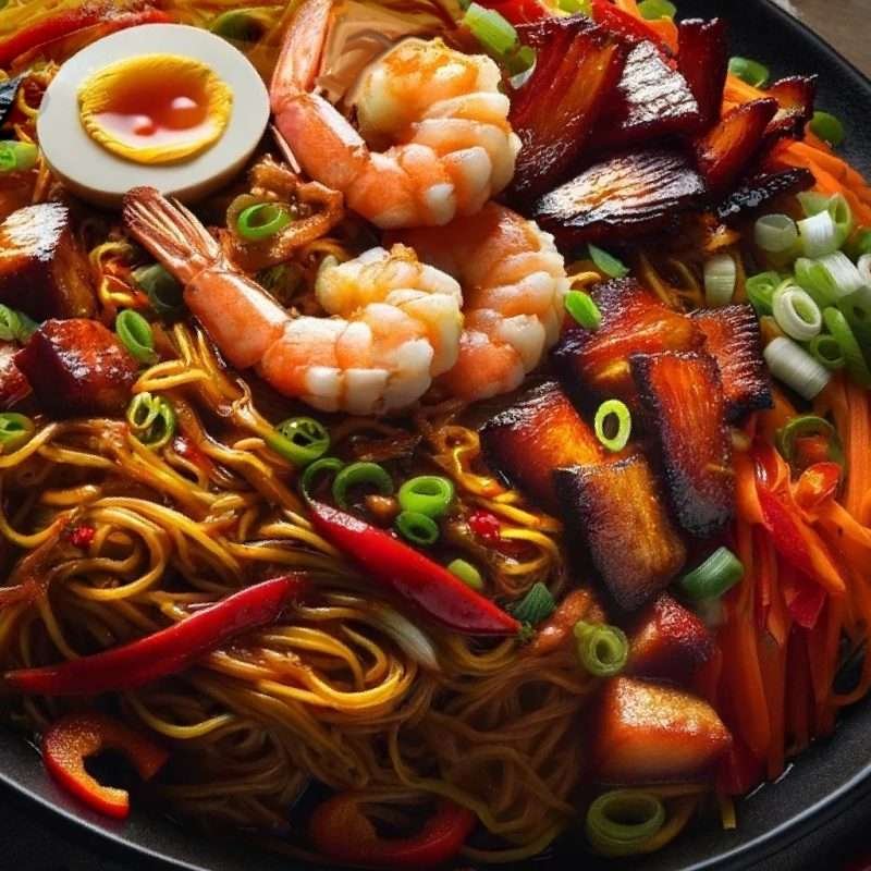 Colorful plate of Singapore noodles with shrimp, char siu pork, and a halved boiled egg, garnished with green onions and red chili slices